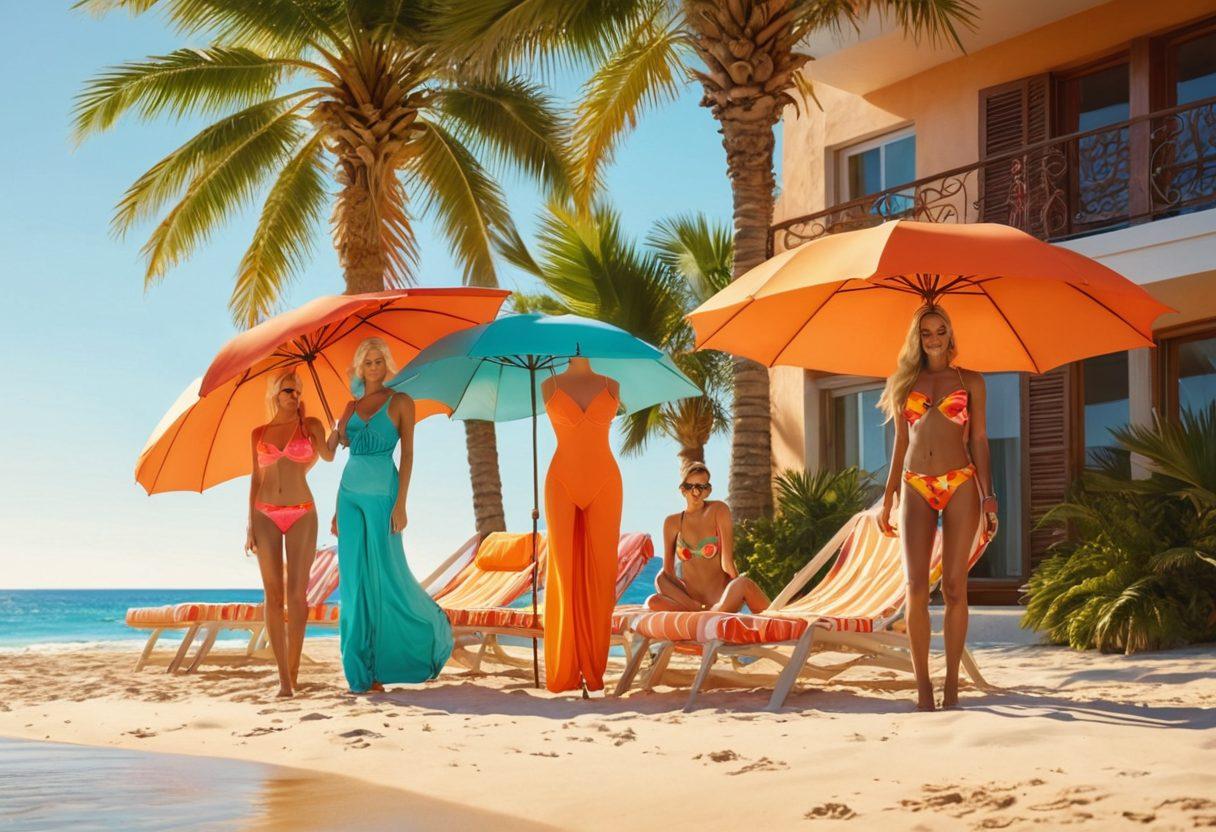 A vibrant beach scene featuring a variety of stylish swimsuits displayed on colorful mannequins against a backdrop of sun-kissed sand and crystal-clear water. Include umbrellas, beach towels, and summer accessories to enhance the holiday vibe, with palm trees swaying gently in the breeze. Add a radiant sun high in the sky, casting warm light on the scene. hyper-realistic. vibrant colors. bright summer aesthetic.